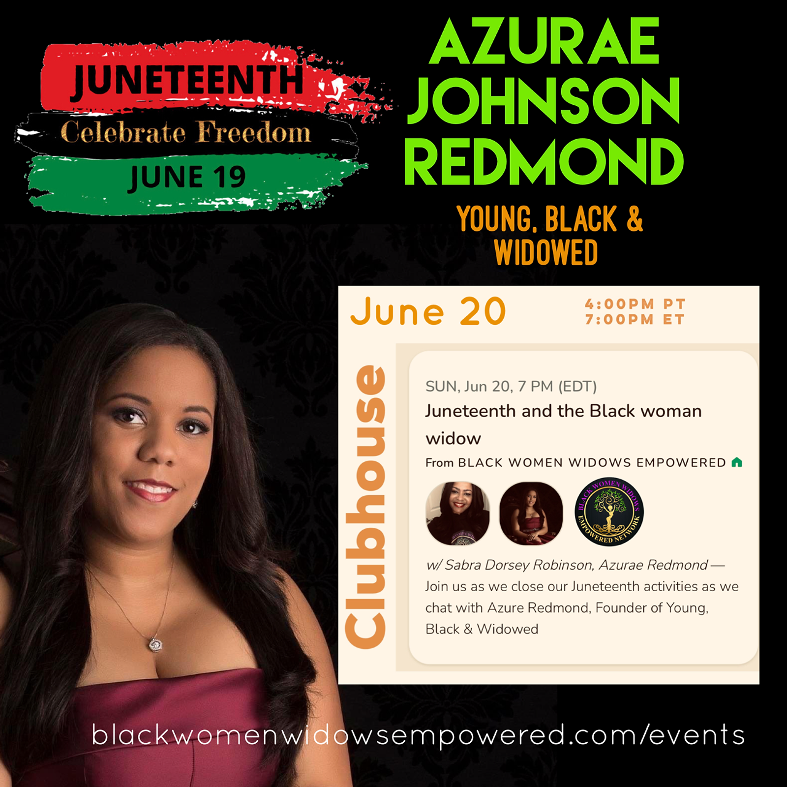 Juneteenth  & The Black Woman Widow: Clubhouse Chat with Azurae Johnson Redmond, Founder - Young, Black & Widowed